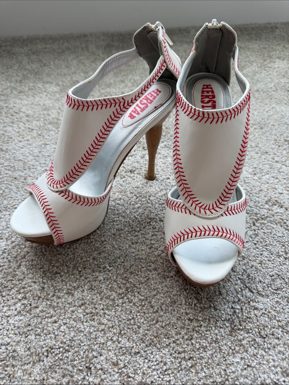 Herstar White & Red Baseball-Stitch Peep-Toe Heels